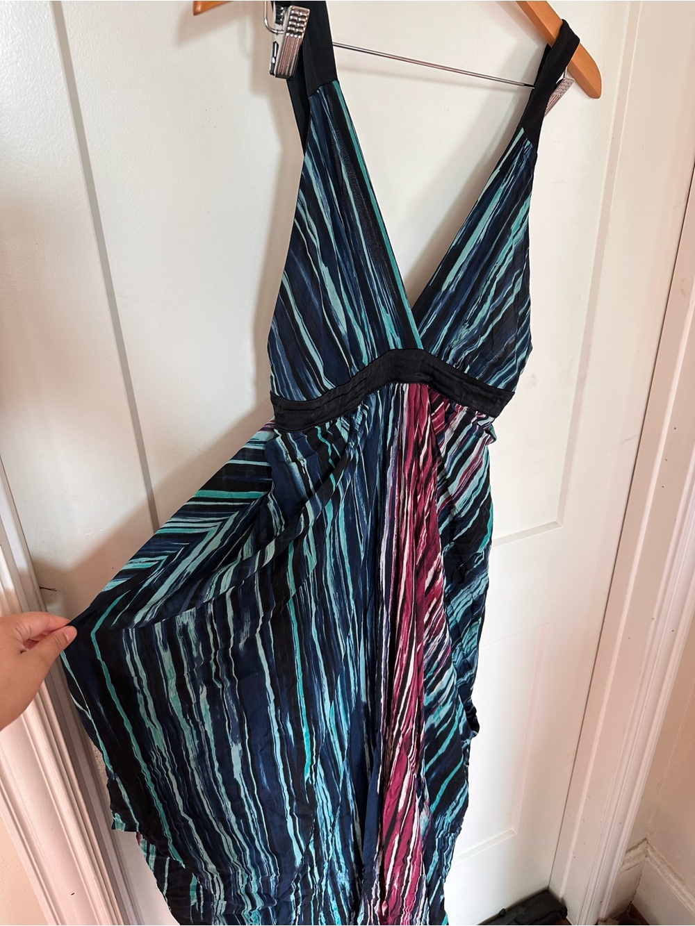 bebe Striped Maxi Dress in Teal, Navy & Magenta
